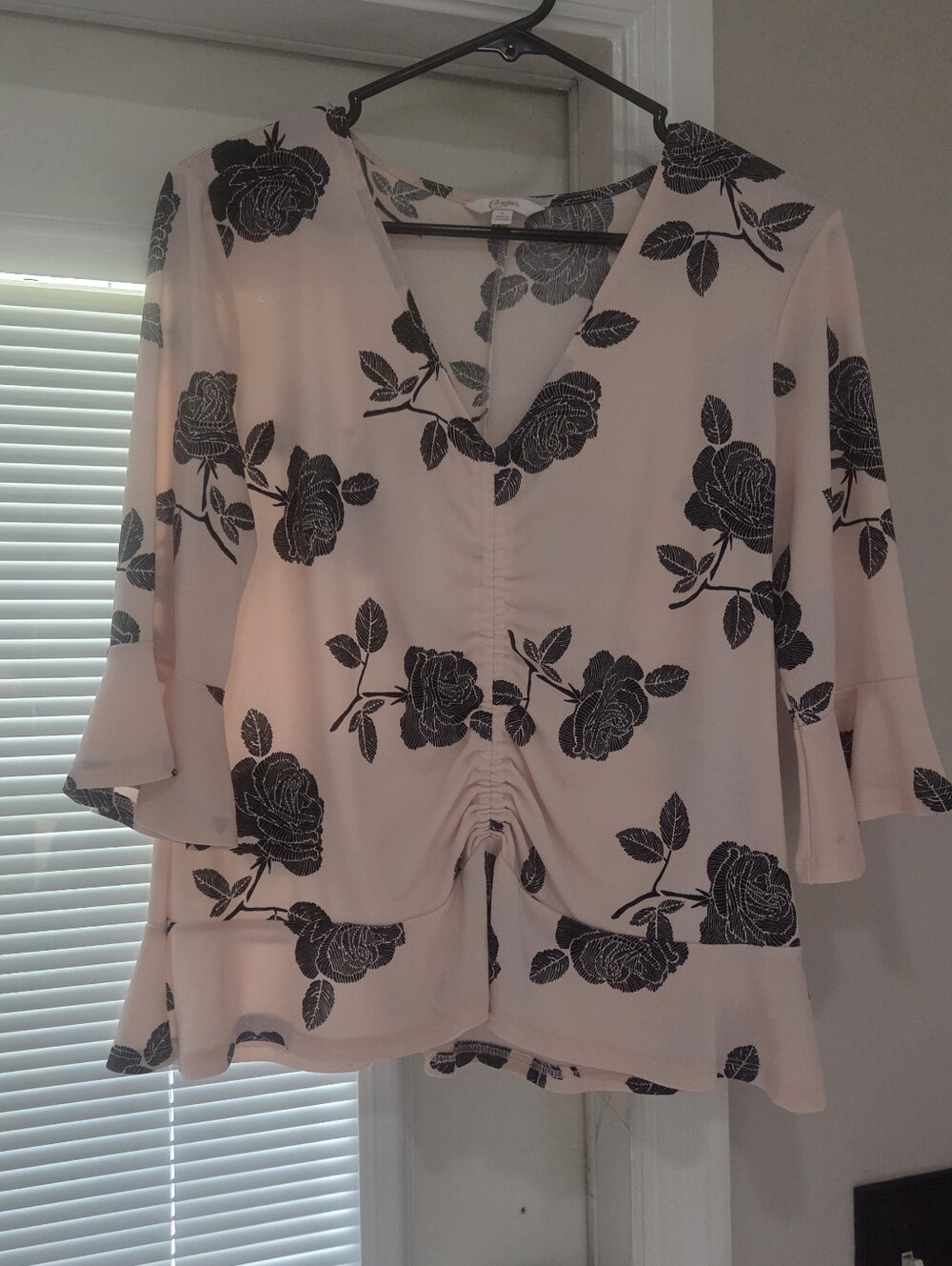 Y2K Candie's Womens Floral V-Neck 3/4 Bell Sleeve Ruched Jersey Blouse L
